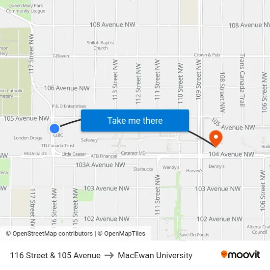 116 Street & 105 Avenue to MacEwan University map