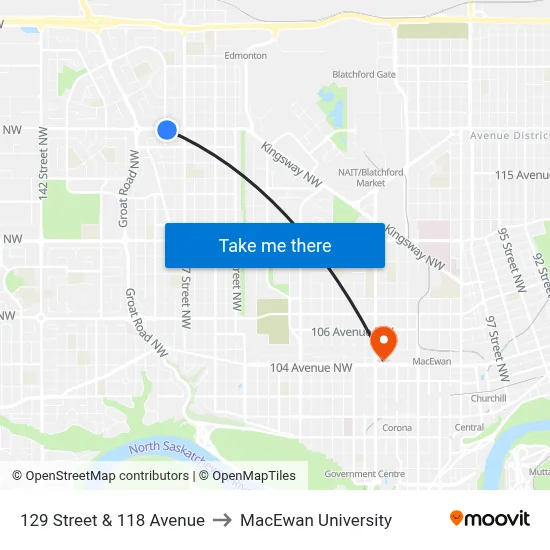 129 Street & 118 Avenue to MacEwan University map