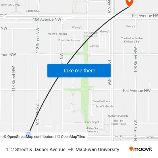 112 Street & Jasper Avenue to MacEwan University map