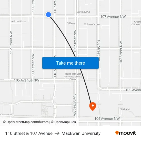 110 Street & 107 Avenue to MacEwan University map