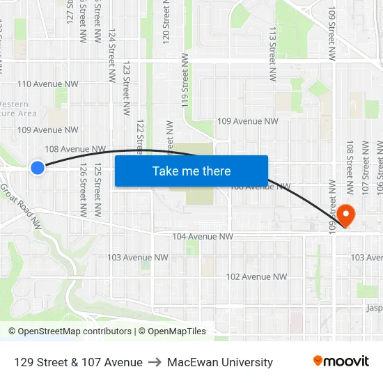 129 Street & 107 Avenue to MacEwan University map
