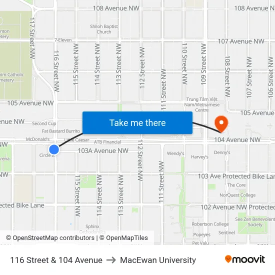 116 Street & 104 Avenue to MacEwan University map