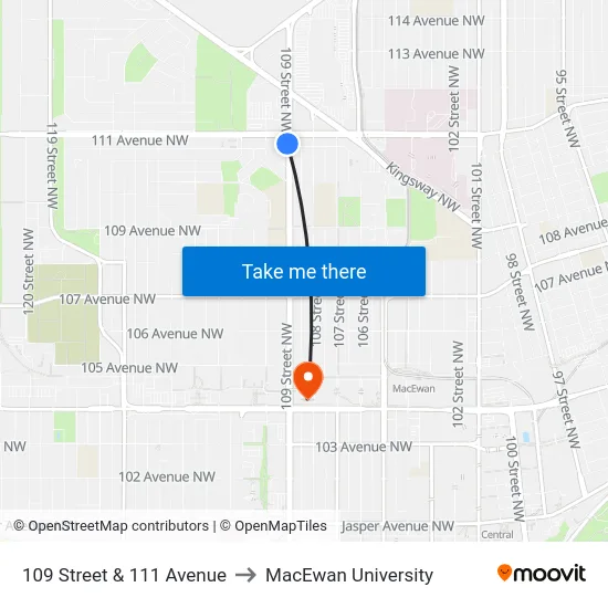 109 Street & 111 Avenue to MacEwan University map