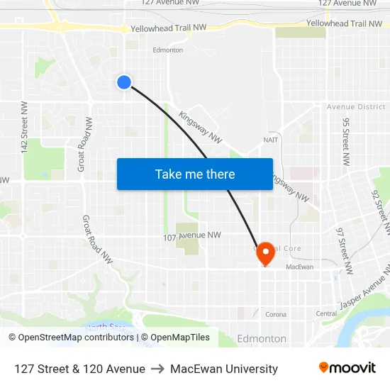 127 Street & 120 Avenue to MacEwan University map