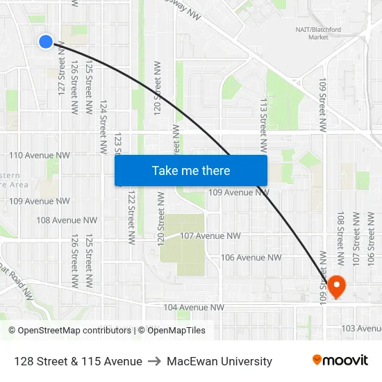 128 Street & 115 Avenue to MacEwan University map