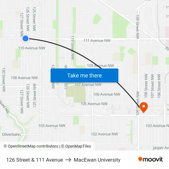 126 Street & 111 Avenue to MacEwan University map