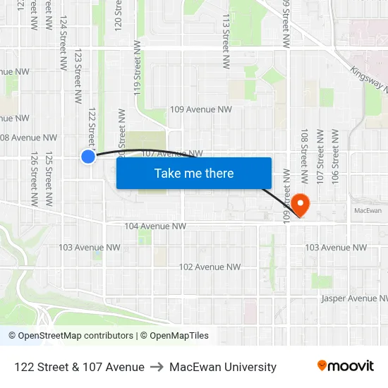 122 Street & 107 Avenue to MacEwan University map
