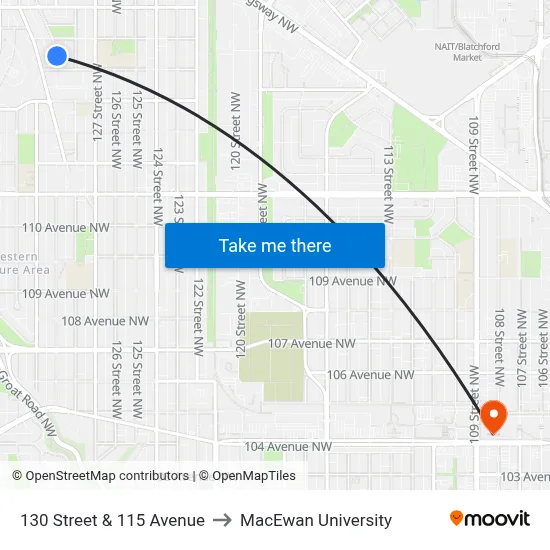 130 Street & 115 Avenue to MacEwan University map