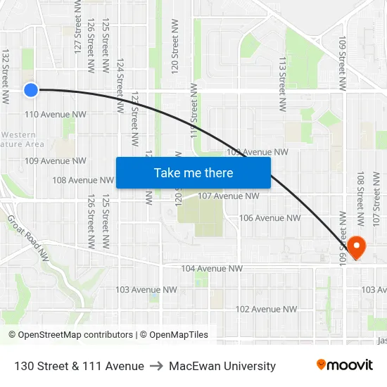 130 Street & 111 Avenue to MacEwan University map