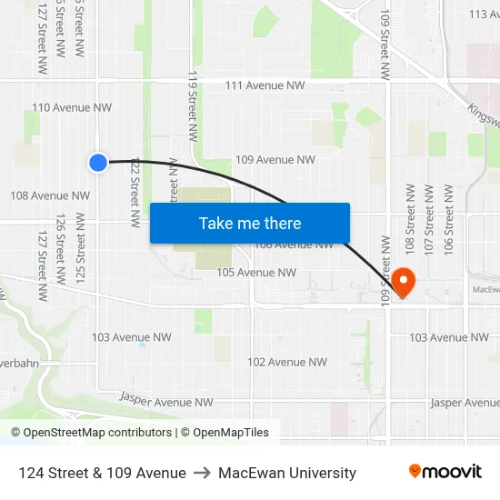 124 Street & 109 Avenue to MacEwan University map