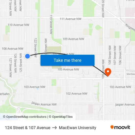 124 Street & 107 Avenue to MacEwan University map