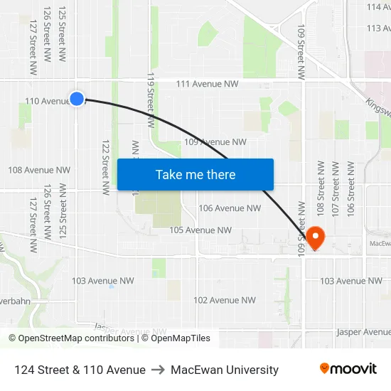 124 Street & 110 Avenue to MacEwan University map