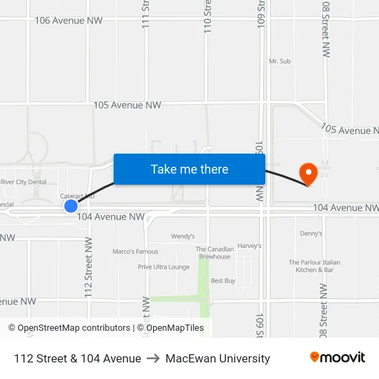 112 Street & 104 Avenue to MacEwan University map