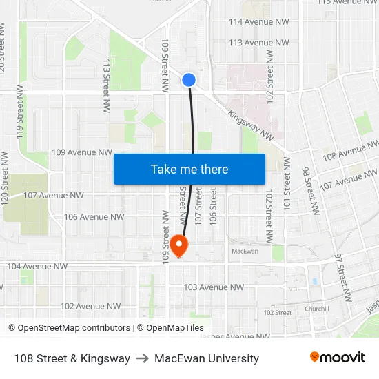 108 Street & Kingsway to MacEwan University map