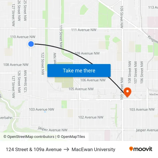 124 Street & 109a Avenue to MacEwan University map