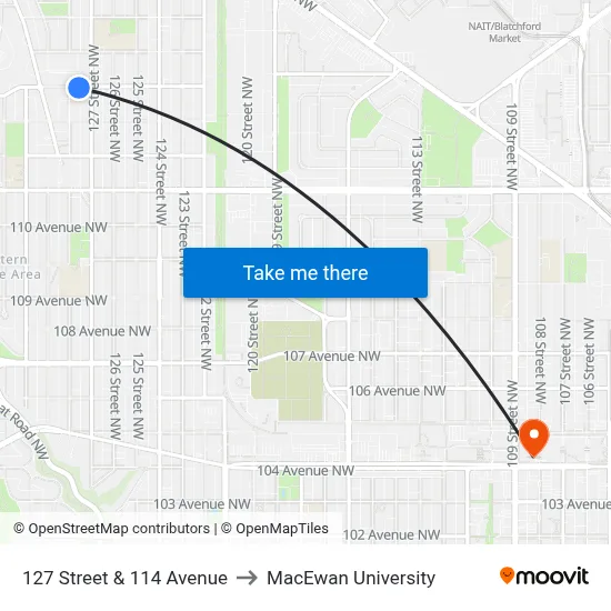 127 Street & 114 Avenue to MacEwan University map