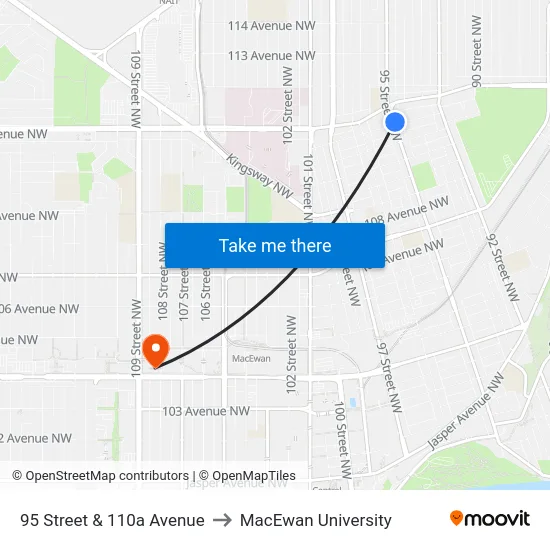 95 Street & 110a Avenue to MacEwan University map