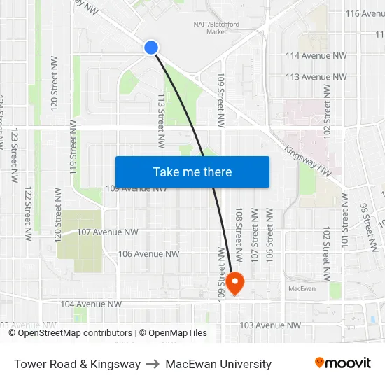 Tower Road & Kingsway to MacEwan University map