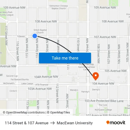 114 Street & 107 Avenue to MacEwan University map