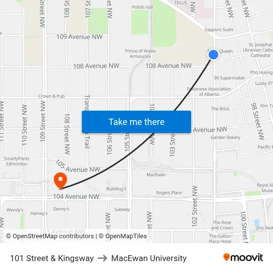 101 Street & Kingsway to MacEwan University map