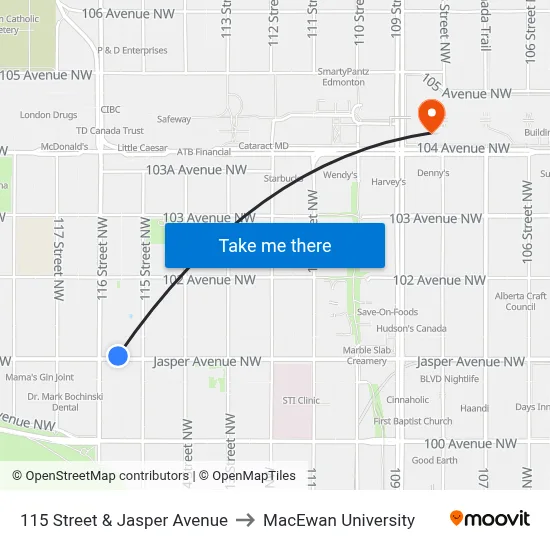 115 Street & Jasper Avenue to MacEwan University map