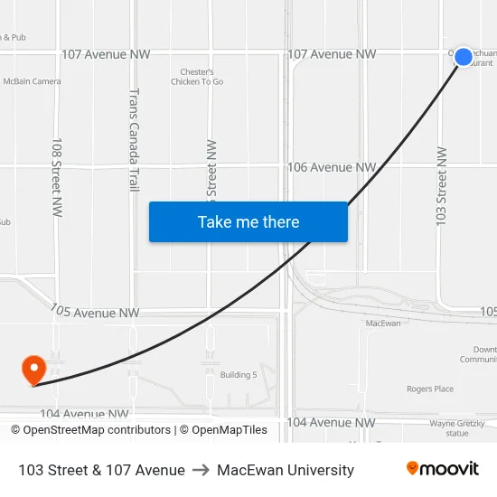 103 Street & 107 Avenue to MacEwan University map
