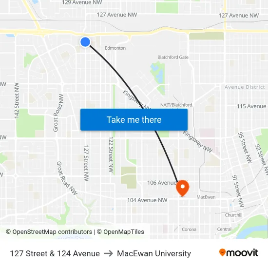 127 Street & 124 Avenue to MacEwan University map