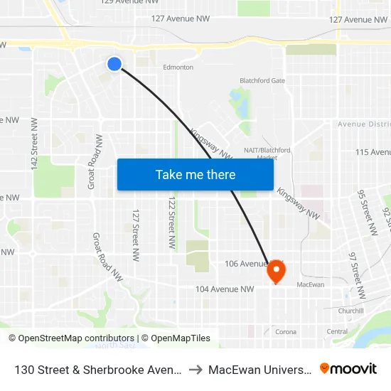 130 Street & Sherbrooke Avenue to MacEwan University map