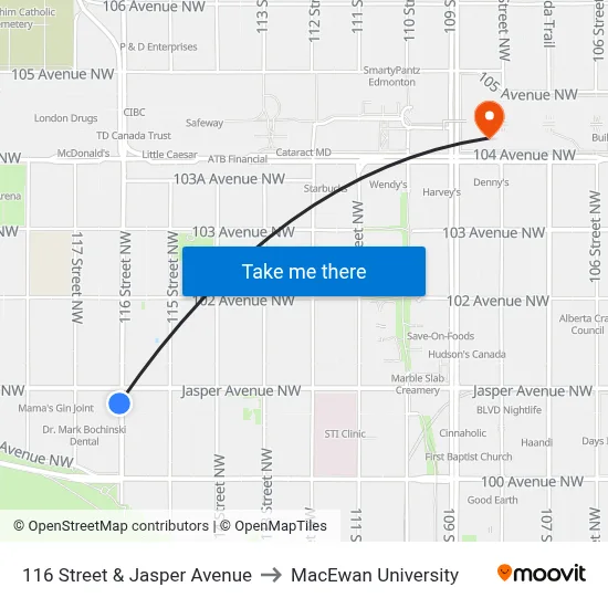 116 Street & Jasper Avenue to MacEwan University map