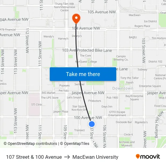 107 Street & 100 Avenue to MacEwan University map
