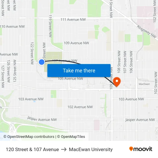 120 Street & 107 Avenue to MacEwan University map