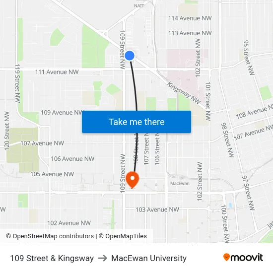 109 Street & Kingsway to MacEwan University map