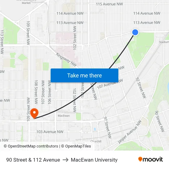 90 Street & 112 Avenue to MacEwan University map