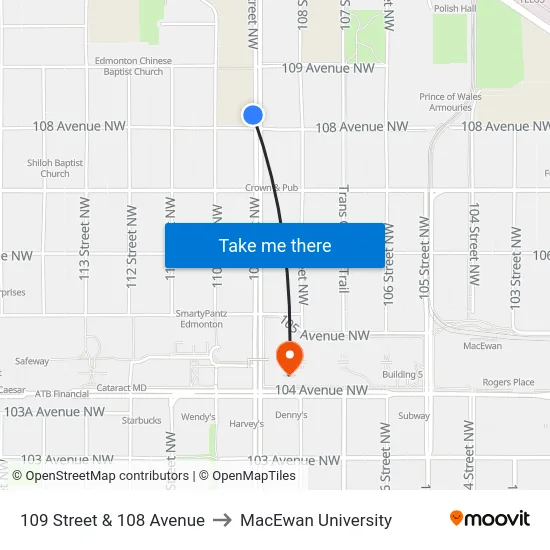 109 Street & 108 Avenue to MacEwan University map