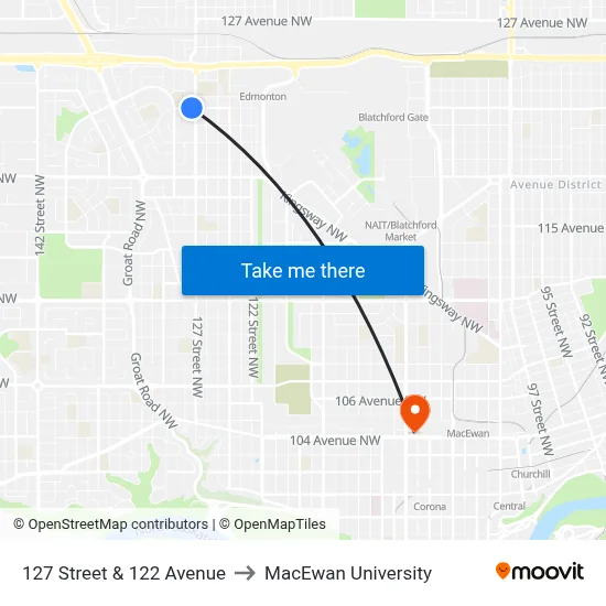 127 Street & 122 Avenue to MacEwan University map