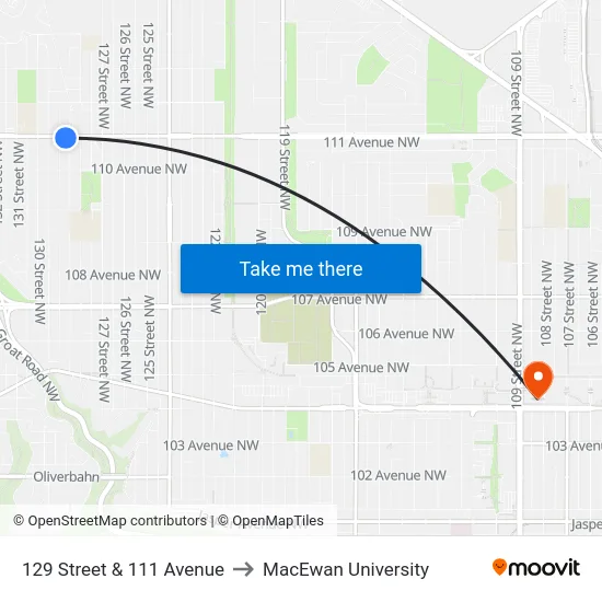 129 Street & 111 Avenue to MacEwan University map