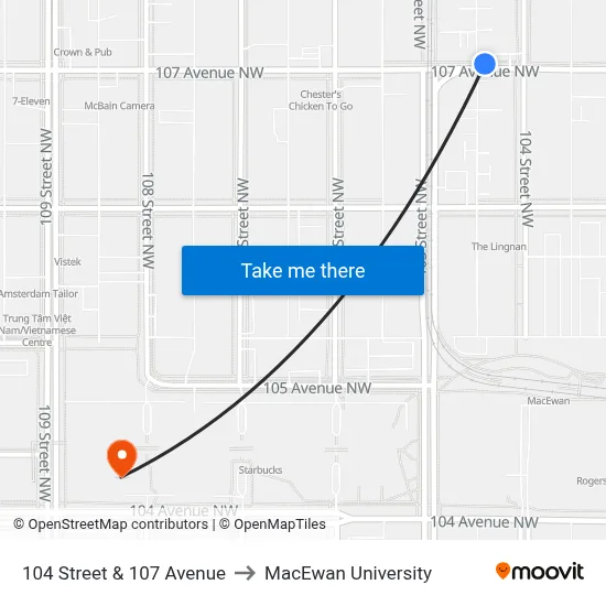 104 Street & 107 Avenue to MacEwan University map