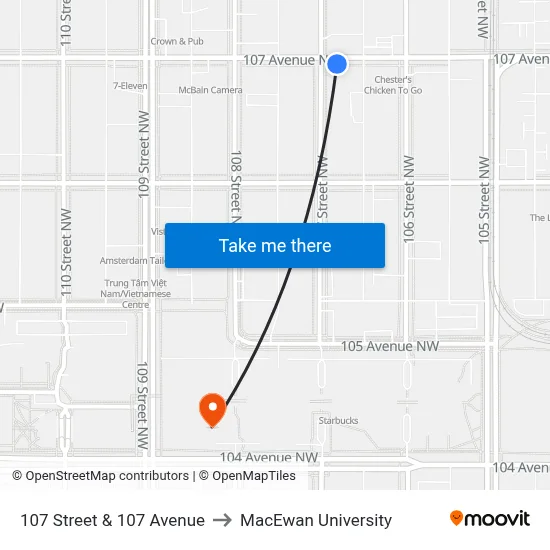 107 Street & 107 Avenue to MacEwan University map