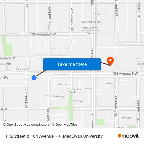112 Street & 104 Avenue to MacEwan University map