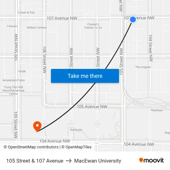 105 Street & 107 Avenue to MacEwan University map