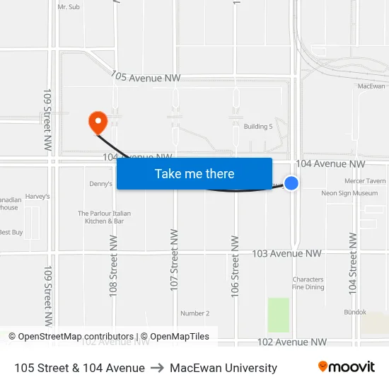105 Street & 104 Avenue to MacEwan University map