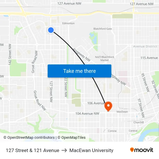 127 Street & 121 Avenue to MacEwan University map