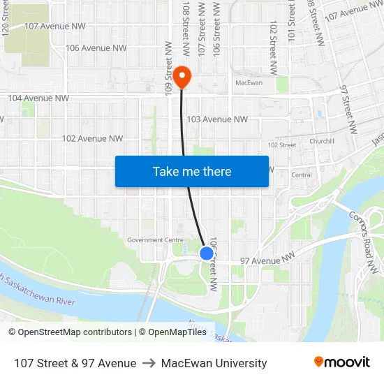 107 Street & 97 Avenue to MacEwan University map