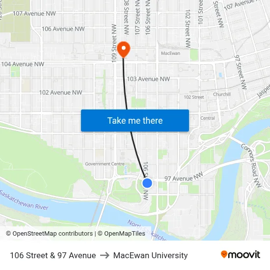 106 Street & 97 Avenue to MacEwan University map