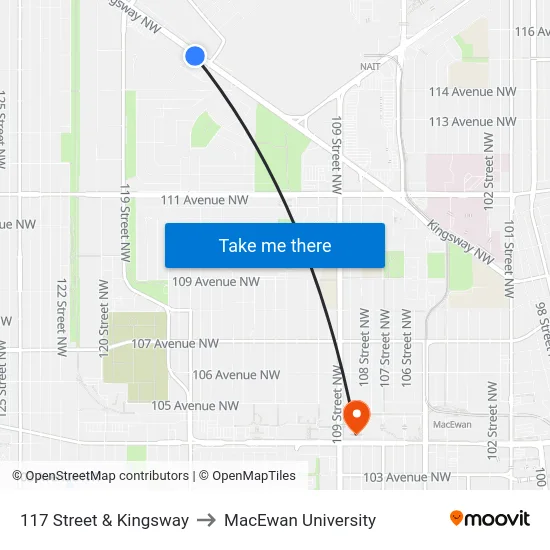 117 Street & Kingsway to MacEwan University map