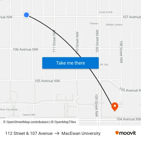 112 Street & 107 Avenue to MacEwan University map