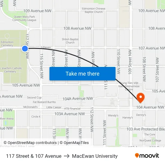 117 Street & 107 Avenue to MacEwan University map