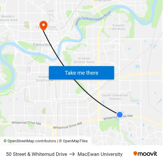 50 Street & Whitemud Drive to MacEwan University map