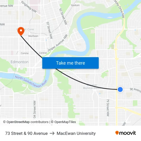 73 Street & 90 Avenue to MacEwan University map