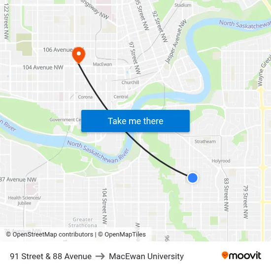 91 Street & 88 Avenue to MacEwan University map